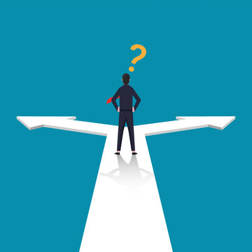 Confused businessman standing at cross road symbol. Business choice vector illustration.