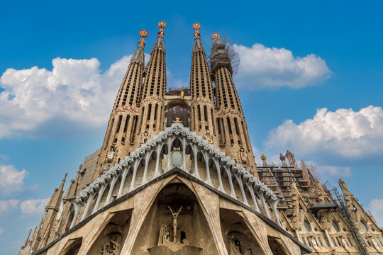 Famous Antonio Gaudi Sagrada Familia Cathedral, Tower Close Up