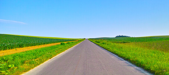初夏の直線道路のある田園風景