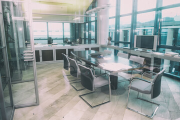 Office cabinet with modern desktop and chairs. meeting with company leaders