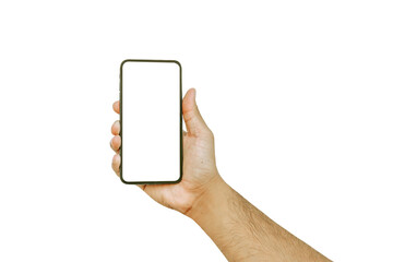 Man hand holding a cell phone white screen isolated on white background with clipping path.