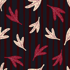 Random seamless nature pattern with light and pink colored leaves. Dark striped background.