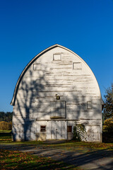 Beautiful fall day with classic white barn on a sunny day, Nisqually National Wildlife Refuge, Washington State
