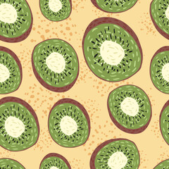 Seamless pattern with kiwi hand drawn ornament. Green random fruit shapes on beige background with splashes.