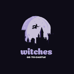 Halloween witch on a broomstick flying over a creepy mansion at night