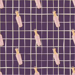 Alchemy magic seamless pattern with pink doodle potion bottles. Purple chequered background.