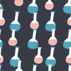 Pink and blue colored flask seamless doodle pattern. Dark grey background. Simple design.