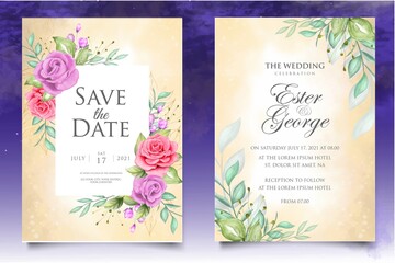 Watercolor wedding invitation floral and leaves card template