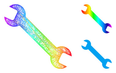 Naklejka premium Spectrum vibrant network wrench, and solid spectrum gradient wrench icon. Hatched frame flat network geometric symbol based on wrench icon, is generated with intersected lines.