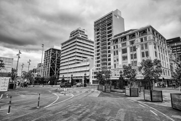 AUCKLAND, NZ - AUGUST 27, 2018: Auckland waterfront city streets and buildings on a cloudy morning