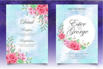 Watercolor wedding invitation floral and leaves card template