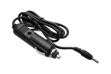 Black car charger with output connection cable.