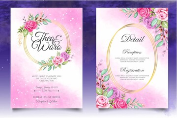 Watercolor wedding invitation floral and leaves card template