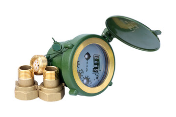 water meter with brass fitting isolated on white