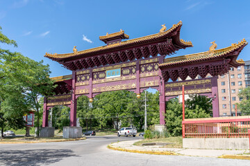 Mississauga, Ontario, Canada - August 11, 2019: Gate of the Chinatown in Mississauga, Ontario, Canada. Mississauga Chinatowns is an ethnic neighborhood . 