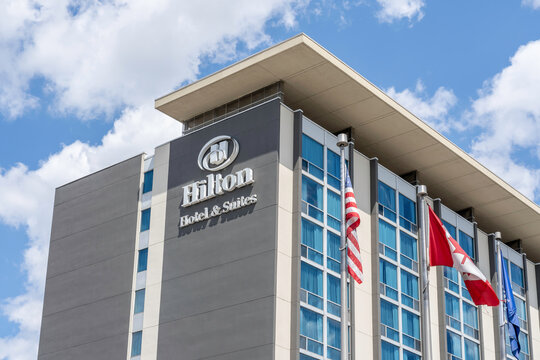 Mississauga, Ontario, Canada - August 11, 2019: Hilton hotel near Pearson Airport in Mississauga, Ontario, Canada. Hilton Hotels  Resorts is a American global brand of full-service hotels and resorts