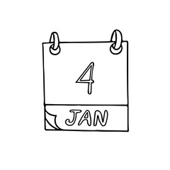 calendar hand drawn in doodle style. January 4. World Braille Day, Newton, National Spaghetti, date. icon, sticker, element, design. planning, business holiday