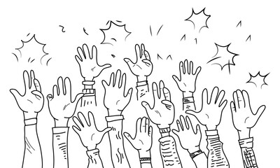 Fototapeta na wymiar hand drawn of on doodle hands up. hands clapping ovation. vector illustration