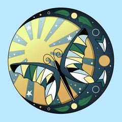 Circle illustration with the sun and a butterfly in art nouveau style.