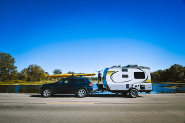 Adventure camper parked at Mississippi River. 