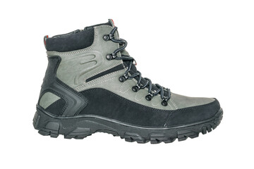 brutal men's boot with embossed sole isolated on white.