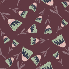 Random seamless nature pattern with simple flower elements. Vine colored background.