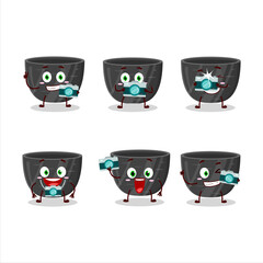 Photographer profession emoticon with black ceramic bowl cartoon character