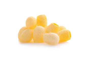 yellow thai silkworm cocoons pile isolated on white background.