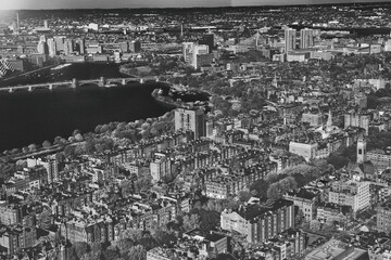 Boston aerial skyline. Small houses and city river on a sunny day