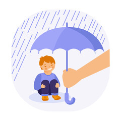 A little boy sits in the rain. An adult's hand is holding an umbrella over him. Child protection and care concept. Vector illustration in flat style.