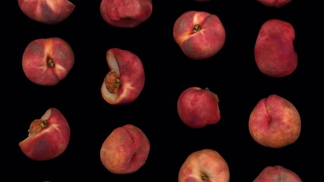 Realistic render of falling saturn peaches on transparent background (with alpha channel). The video is seamlessly looping, and the objects are 3D scanned from real peaches.
