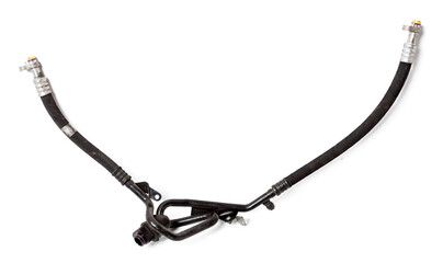 Air conditioning hose for supplying refrigerant or oil for cooling air or heated parts of cars and trucks on a white isolated background. Auto parts catalog.