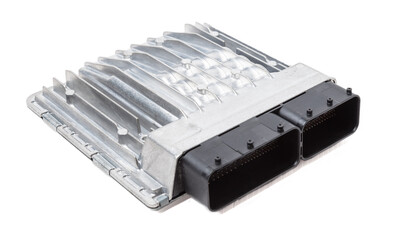 Metallic car engine control unit with plastic elements on a white isolated background is connecting center of various subsystems, units and assemblies. Monitoring the state of the moment. Spare part