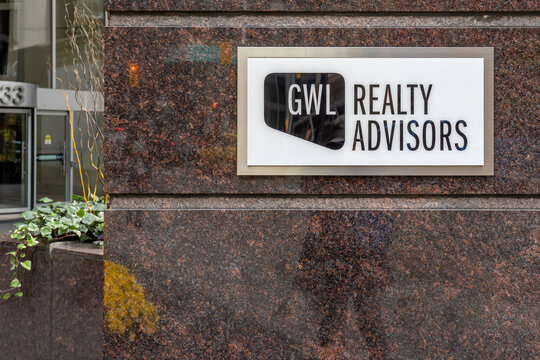 Toronto, Canada - October 24, 2019: Sign of GWL Realty Advisors outside their head office in Toronto, Canada. GWL Realty Advisors is a Canadian real estate company. 