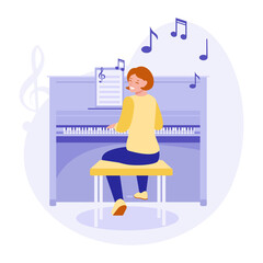 The girl plays the piano. Vector concept of playing musical instruments. Illustration in flat style.