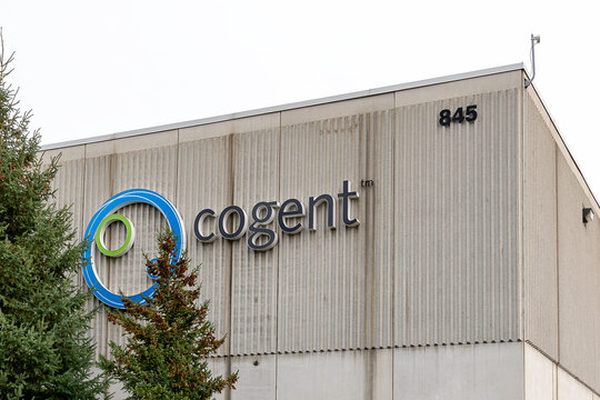 Burlington, Ontario, Canada - October 26, 2019: Cogent sign on the building in Burlington;  Cogent Power Inc is a company for electronic components such as antennas, switches, and waveguides.