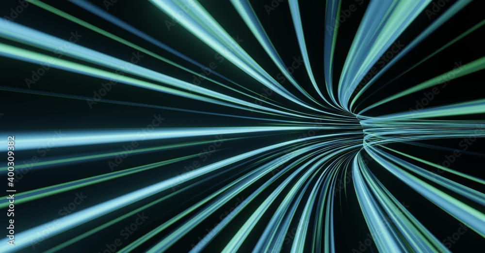 Wall mural 3d rendering of abstract fast moving stripe lines with glowing sun light flare. high speed motion bl