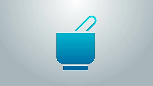 Blue line Mortar and pestle icon isolated on grey background. 4K Video motion graphic animation