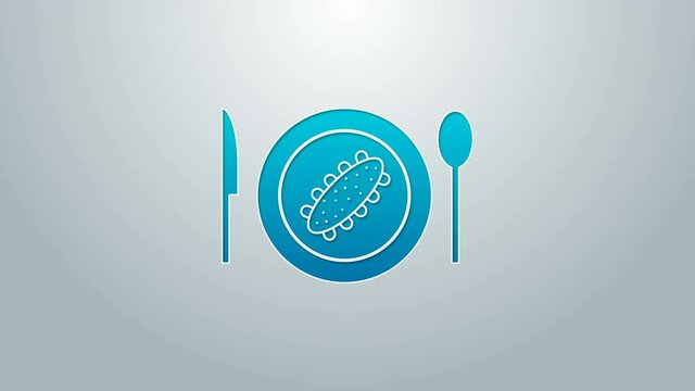 Blue line Served cucumber on a plate icon isolated on grey background. Marine food. 4K Video motion graphic animation