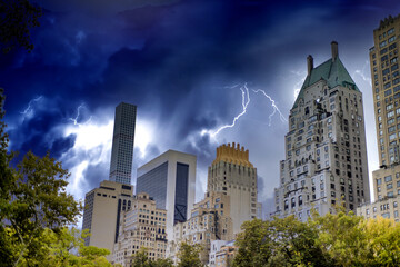 Midtown Manhattan skyscrapers under a coming storm, view form Central Park, New York, USA