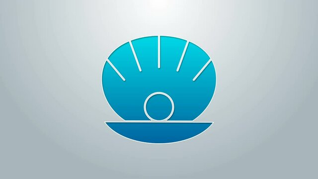 Blue line Natural open shell with pearl icon isolated on grey background. Scallop sea shell. Seashell sign. 4K Video motion graphic animation