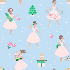 Christmas pattern. Vintage winter background of pretty girls in beautiful pink dresses with Christmas decorations on a light blue background. Vector 10 EPS.