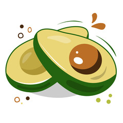 AVOCADO drawing. Fruit icon isolated on white background. Ripe avocado slices. Healthy food, tropical fruit. Flat cartoon vector Illustration.
