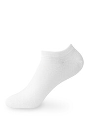 Isolated white short sock on invisible mannequin foot on white background, side view