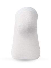 Isolated white short sock on invisible mannequin foot on white background, back view
