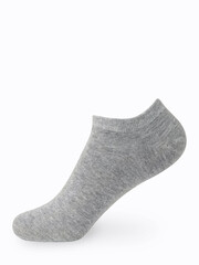 Isolated gray short sock on invisible mannequin foot on white background, side view