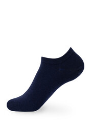 Isolated navy blue  short sock on invisible mannequin foot on white background, side view