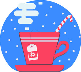 Vector illustration of a bright red cup with a hot drink. With a blue background.  Icon, sticker.. Can be applied to postcards, posters, kitchen textiles, cafe design, menus, showcases, dishes.