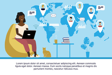 Black woman in a chair at home works with people from all over the world on a laptop. Freelance, Video conferencing, communications, work from home, work anywhere. Vector illustration