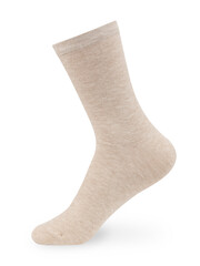 Isolated long beige sock on invisible mannequin foot on white background, side view